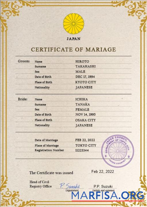 Realistic Japan marriage certificate PSD template